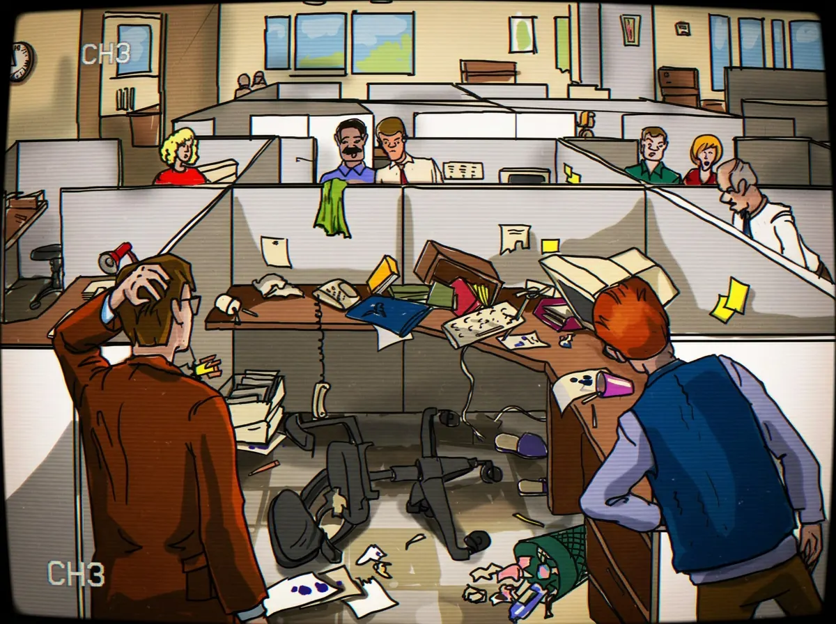 The morning after. Alan and a coworker survey a trashed cubicle while curious employees peek over the partitions